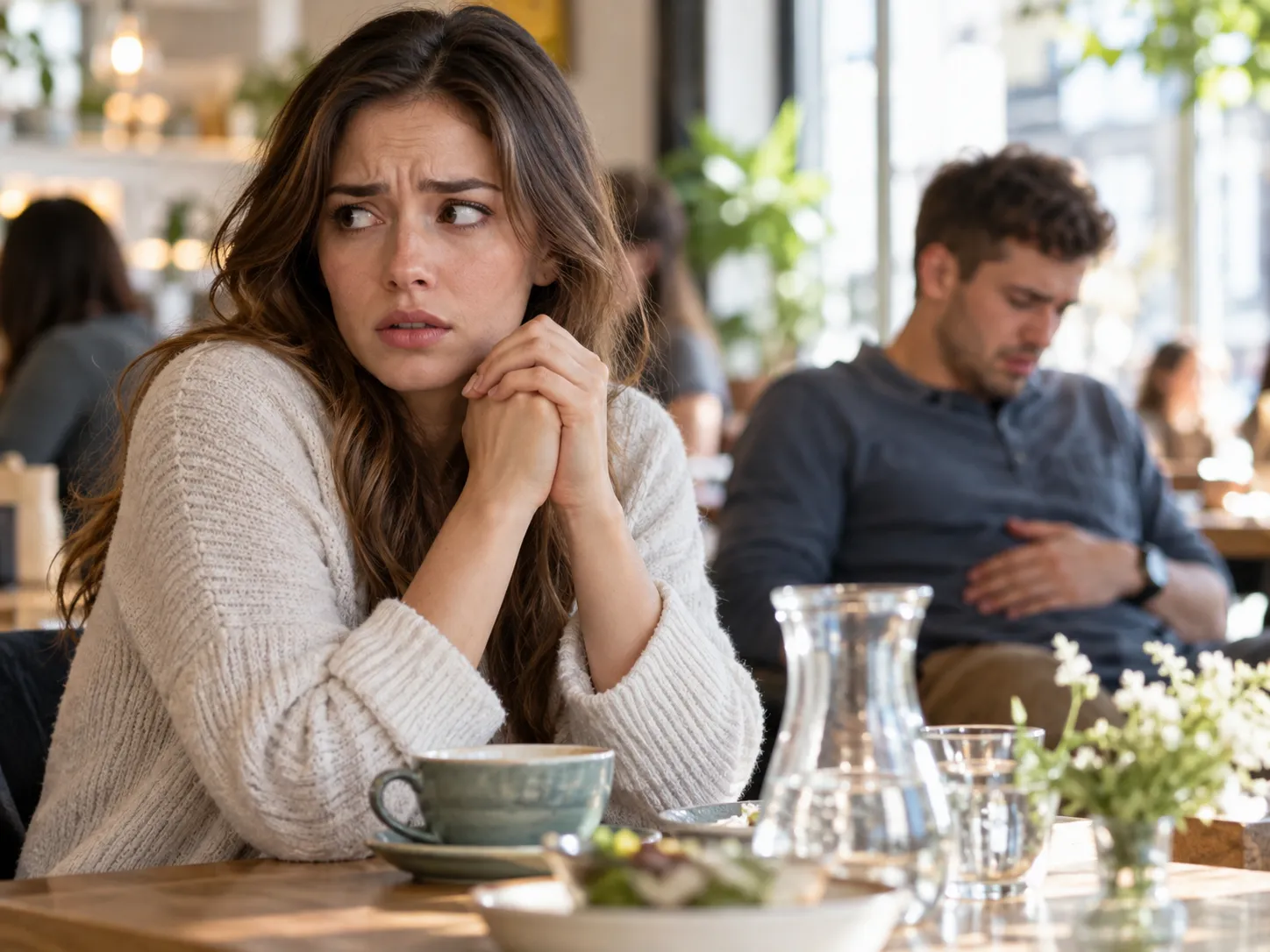 Junge Frau sitzt besorgt in einem Café, während sich im Hintergrund ein Mann den Bauch hält