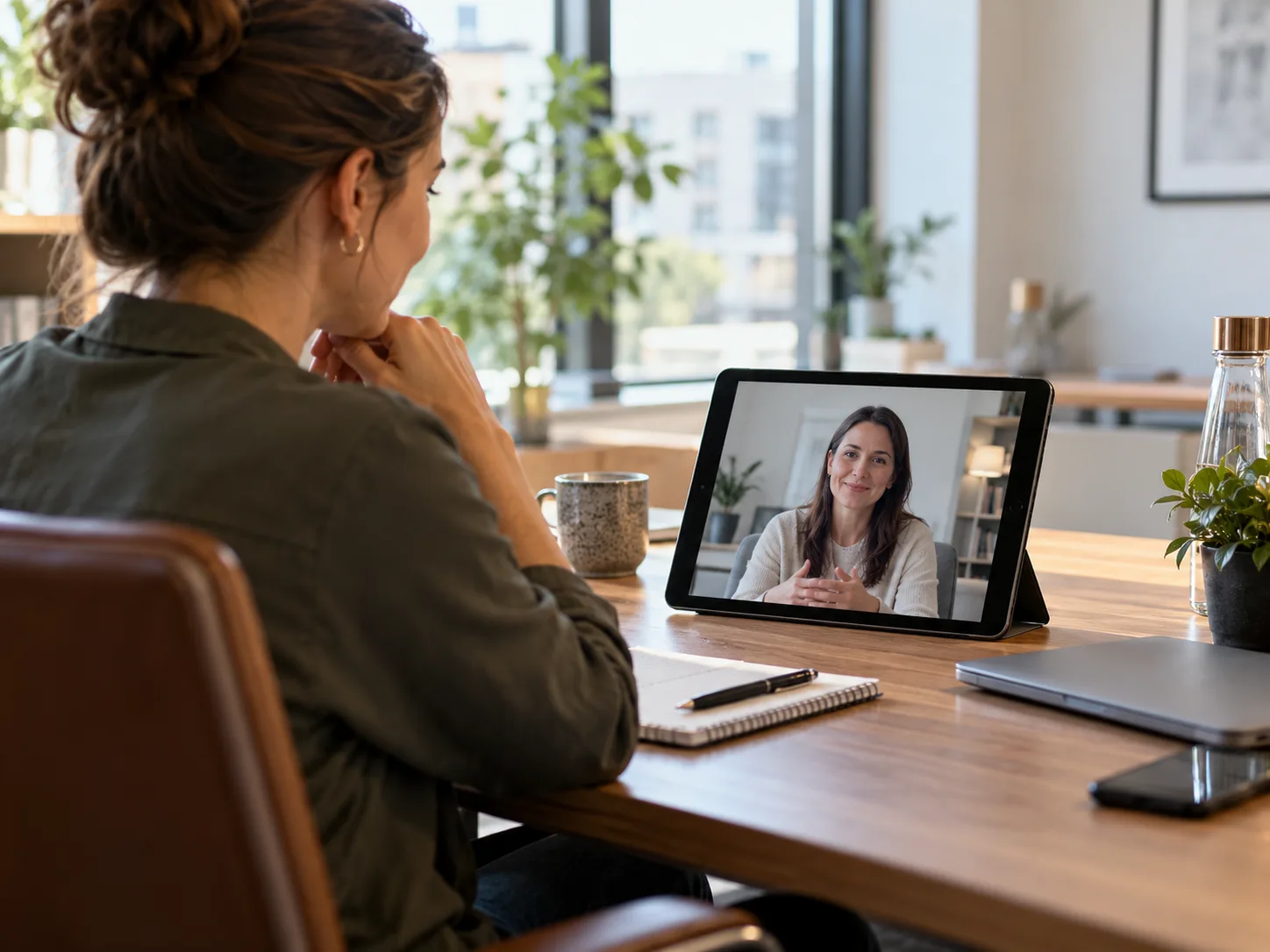 Mitarbeiterin im Homeoffice im Videogespräch mit einer psychologischen Fachkraft